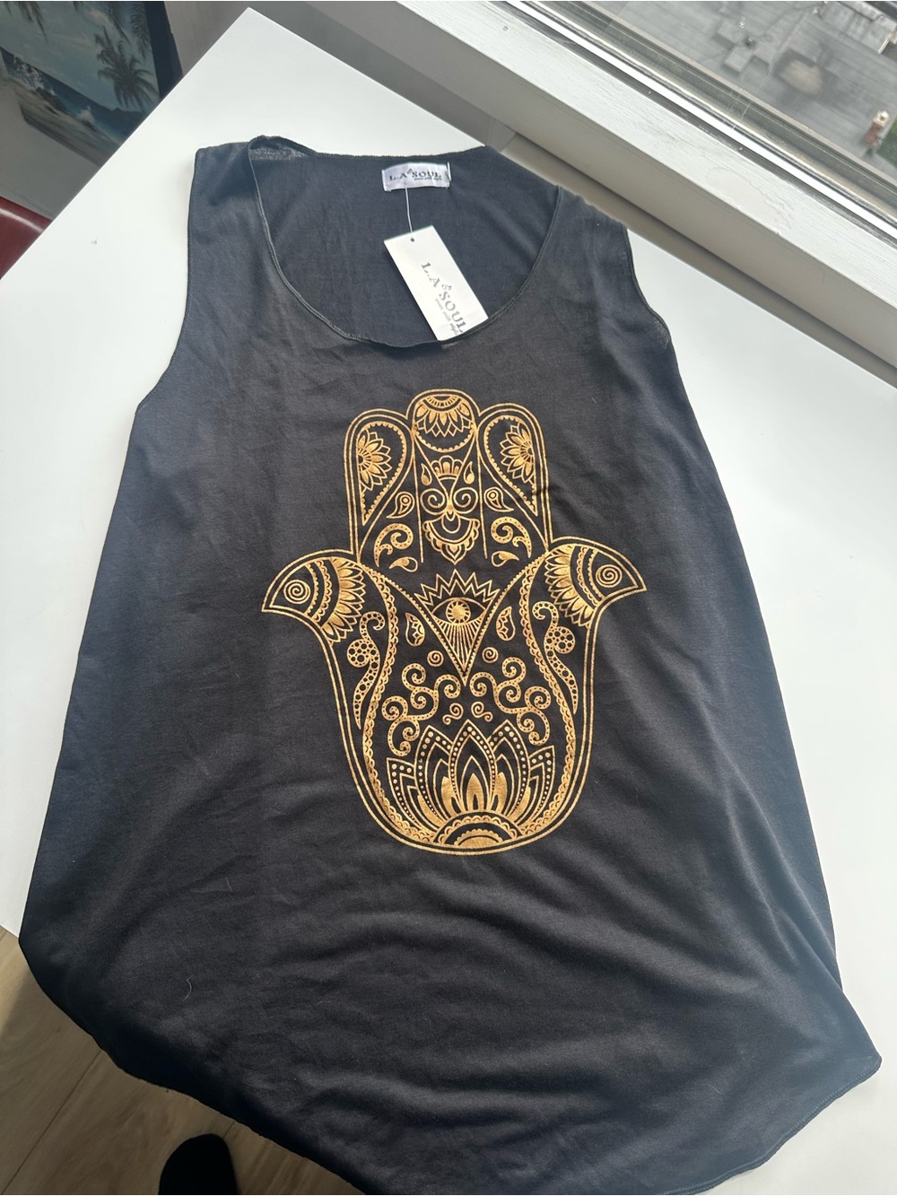 Black Tank Top with Gold Hamsa Motif